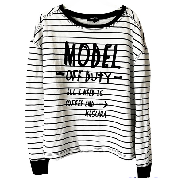 Model Off Duty Graphics Black White Striped Ringed Long Sleeve Tee Shirt… - Picture 5 of 12